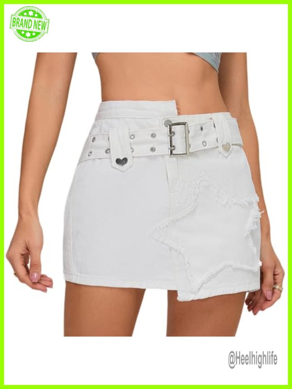 High Waisted A-Line Denim Mini Skirt w/ Belt Asymmetrical Hem Y2K